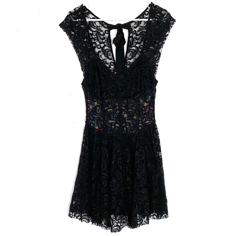 Free People Y2K Lace Corset Fit & Flare Black Boho Dress Womens Size 8 Medium